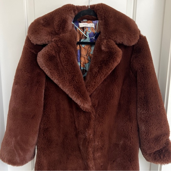 Mango Lapels Faux Fur Brown Tobacco Coat - Picture 11 of 16